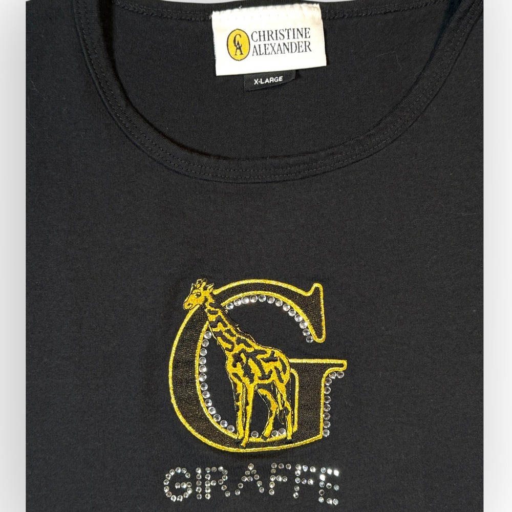 Christine Alexander Womens XL Black Rhinestone Giraffe G Graphic T-Shirt Cotton